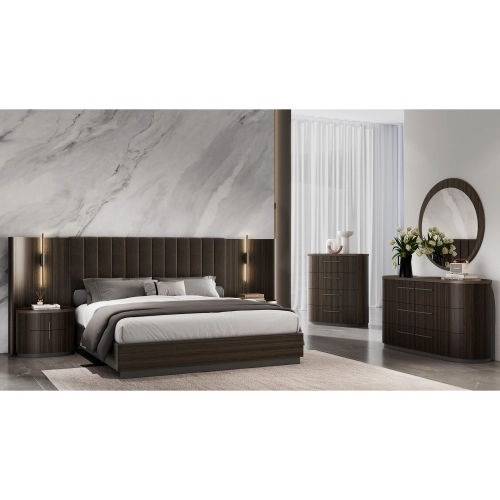 Barcelona King Bed in Brown & Black Oak Finish, LED & Tufted Fabric